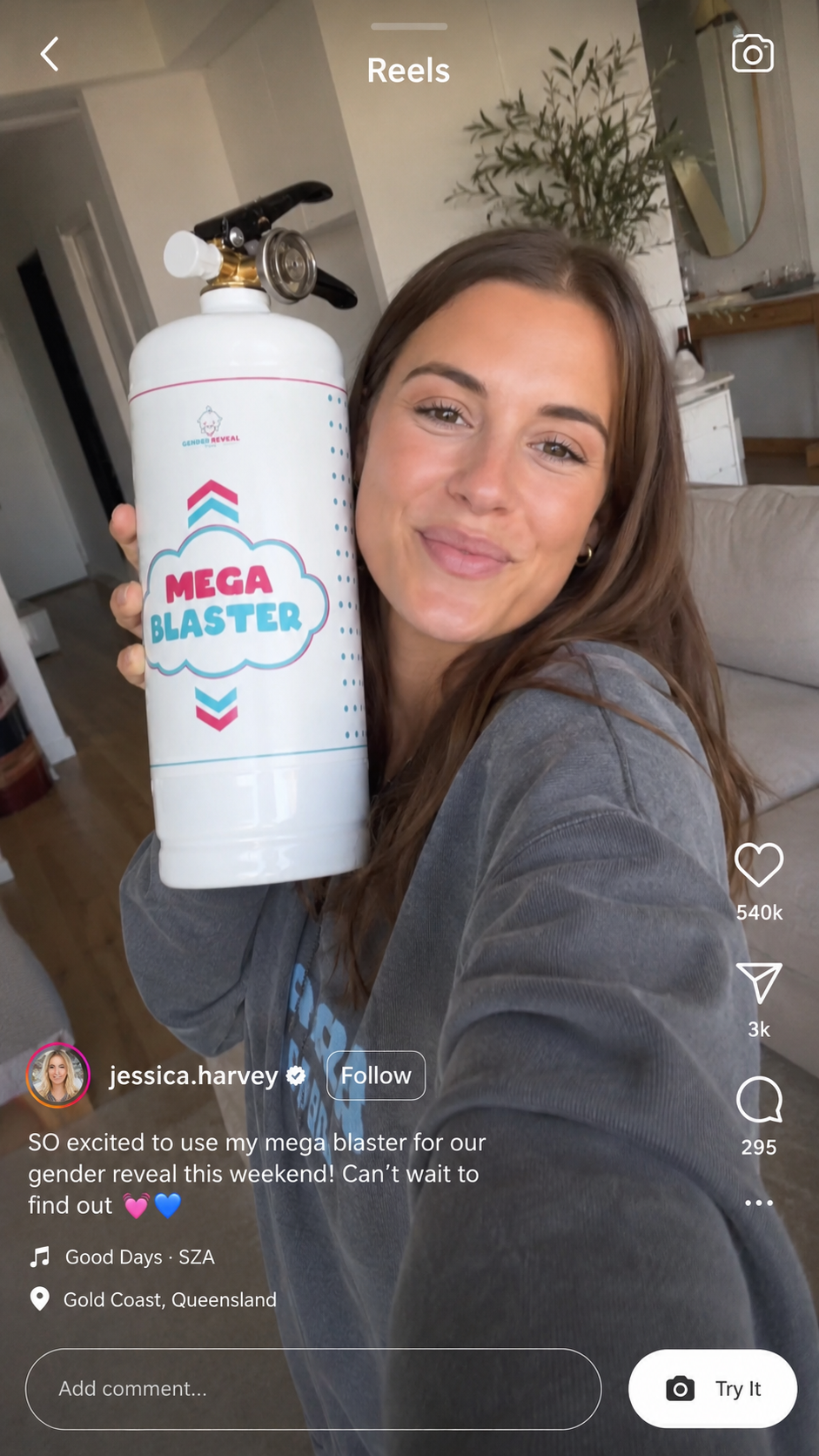 Aussie mum Jessica posting an Instagram Reel holding the Mega Blaster product, location tagged Gold Coast Queensland