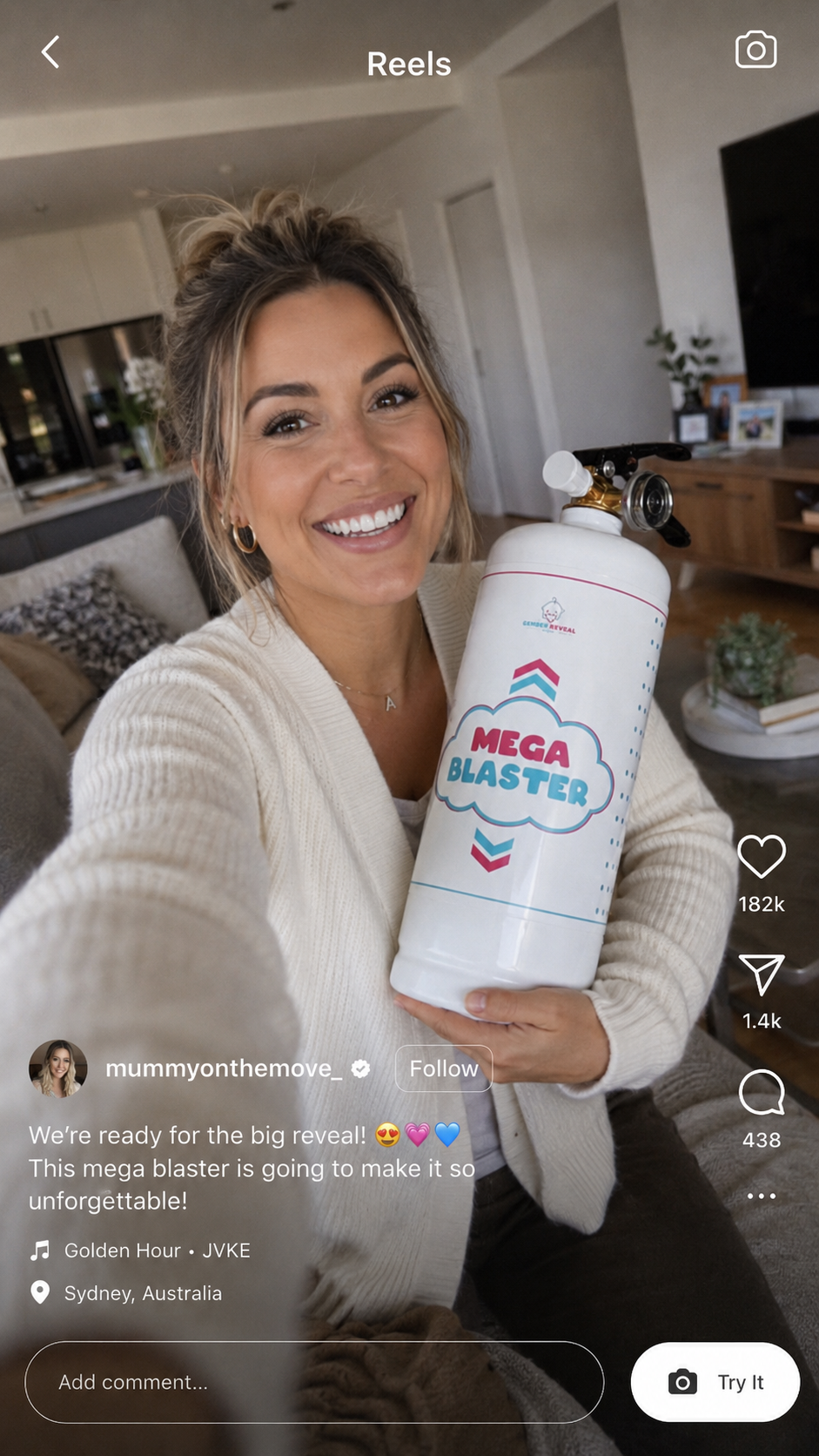 Aussie mum @mummyonthemove_ posting an Instagram Reel holding the Mega Blaster product, Sydney