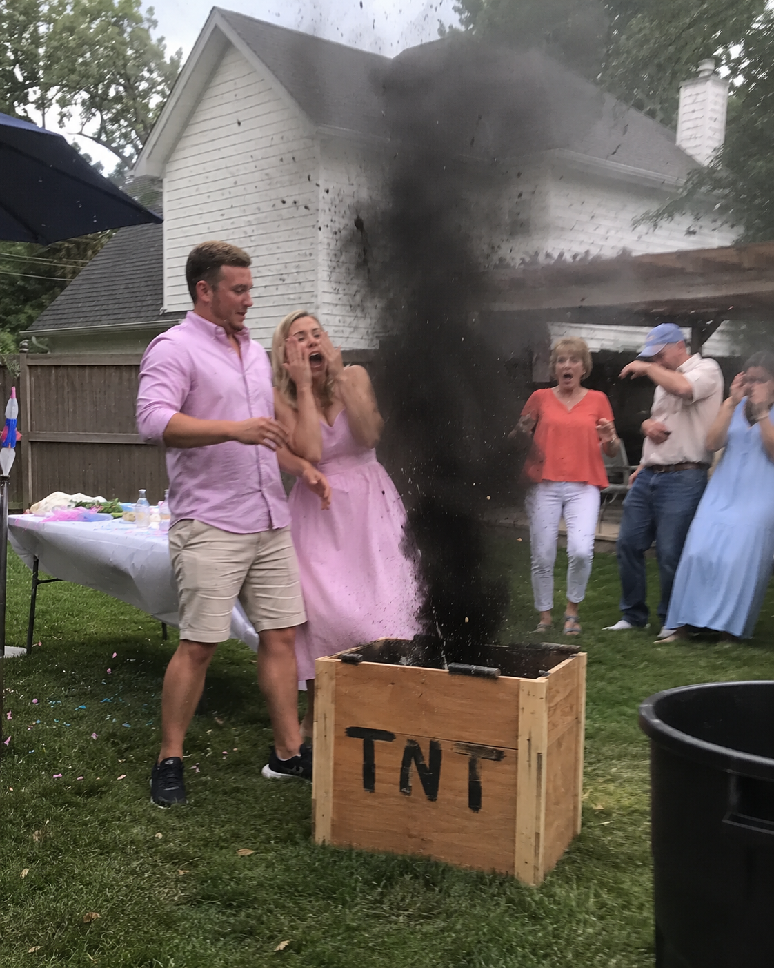 A real DIY gender reveal where the cannon released black soot instead of the expected colour