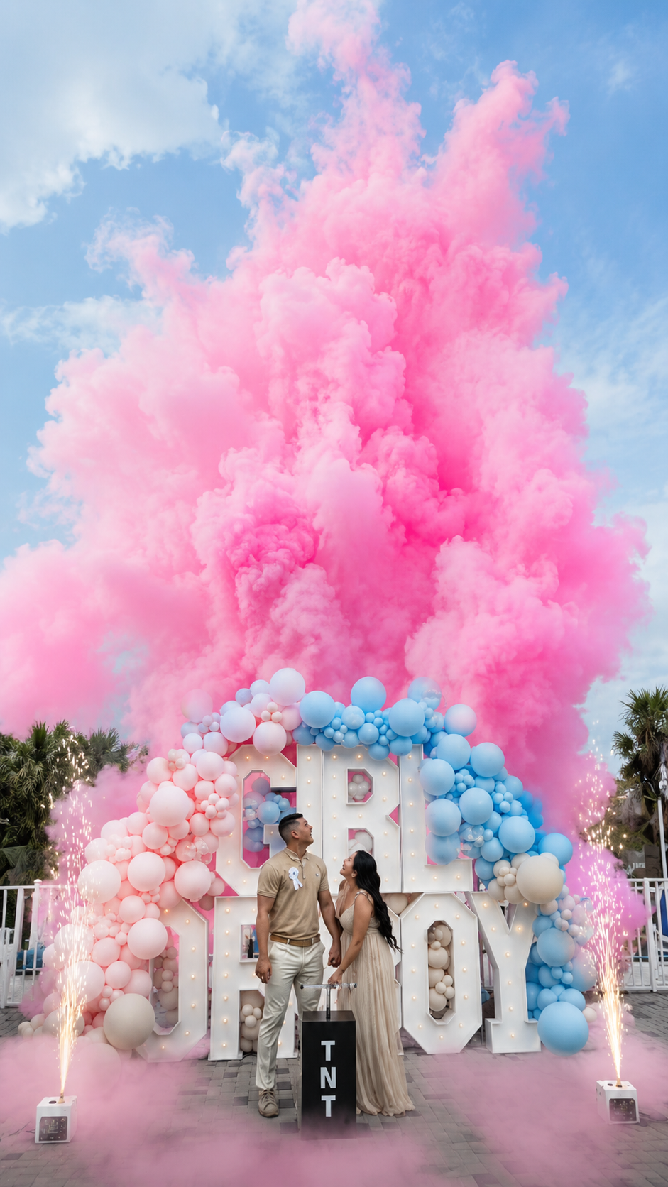 Successful TNT gender reveal with massive pink smoke cloud and balloon arch spelling GIRL